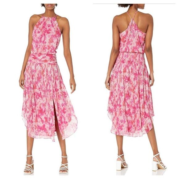 Ramy Brook Alexa Metallic Floral Blouson Midi Dress Rose Pink Women's Small NEW - Picture 1 of 10